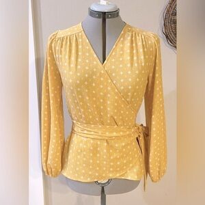 NWOT Hinge Golden Yellow Wrap Top Size Small Jacquard Long Sleeve Blouse